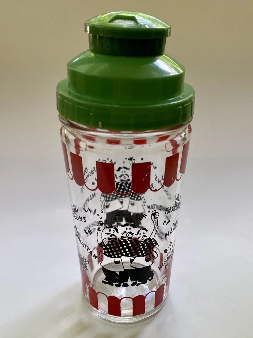 Vintage Mid Century Medco Glass (Barbershop) Cocktail Shaker with Green Lid